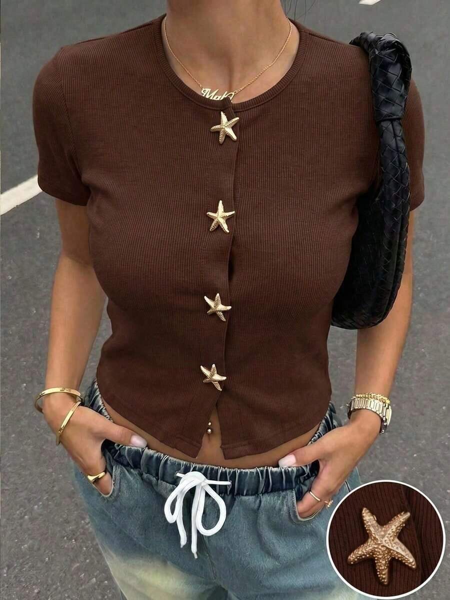 Muchic Holiday Summer Vacation Starfish Button White Knit T-Shirt - Marrón Chocolate - Ver 1