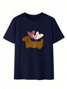 Camiseta de mujer estampada de manga corta para verano, tela de poliéster, estilo multifuncional, corte regular, peso 180 gramos, 1 unidad. - Azul oscuro - Ver 3