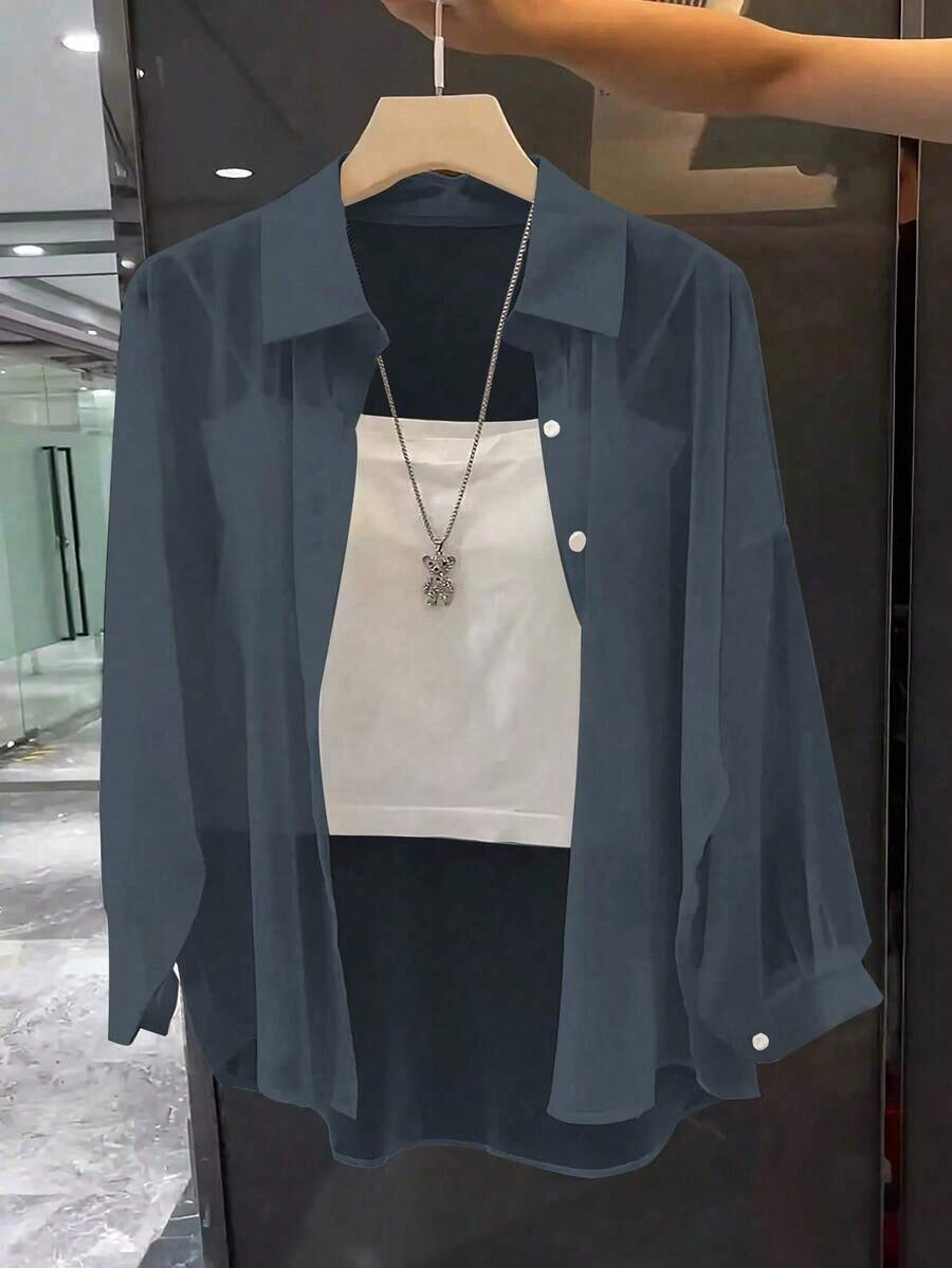 Blusa minimalista de unicolor transparente con cuello vuelto, blusas de manga larga - Azul 2 - Ver 1