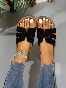 Sandal Selop Retro Suede Lembut dengan Sol Gabus, Sandal Outdoor dengan Tali Silang Longgar - Hitam - View 8
