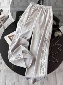 Pantalones rectos de corte holgado para mujer con ribete de encaje - Gris Claro - Ver 2