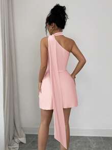 abyoxi Vestido mini ajustado de mujer de cuello asimétrico y cintura fruncida en color amarillo claro, elegante y de moda, adecuado para vacaciones, fiestas en la playa, bodas, días festivos, graduaciones, fiestas, etc. Falda ajustado elástica para primavera/verano - Rosa - Ver 2