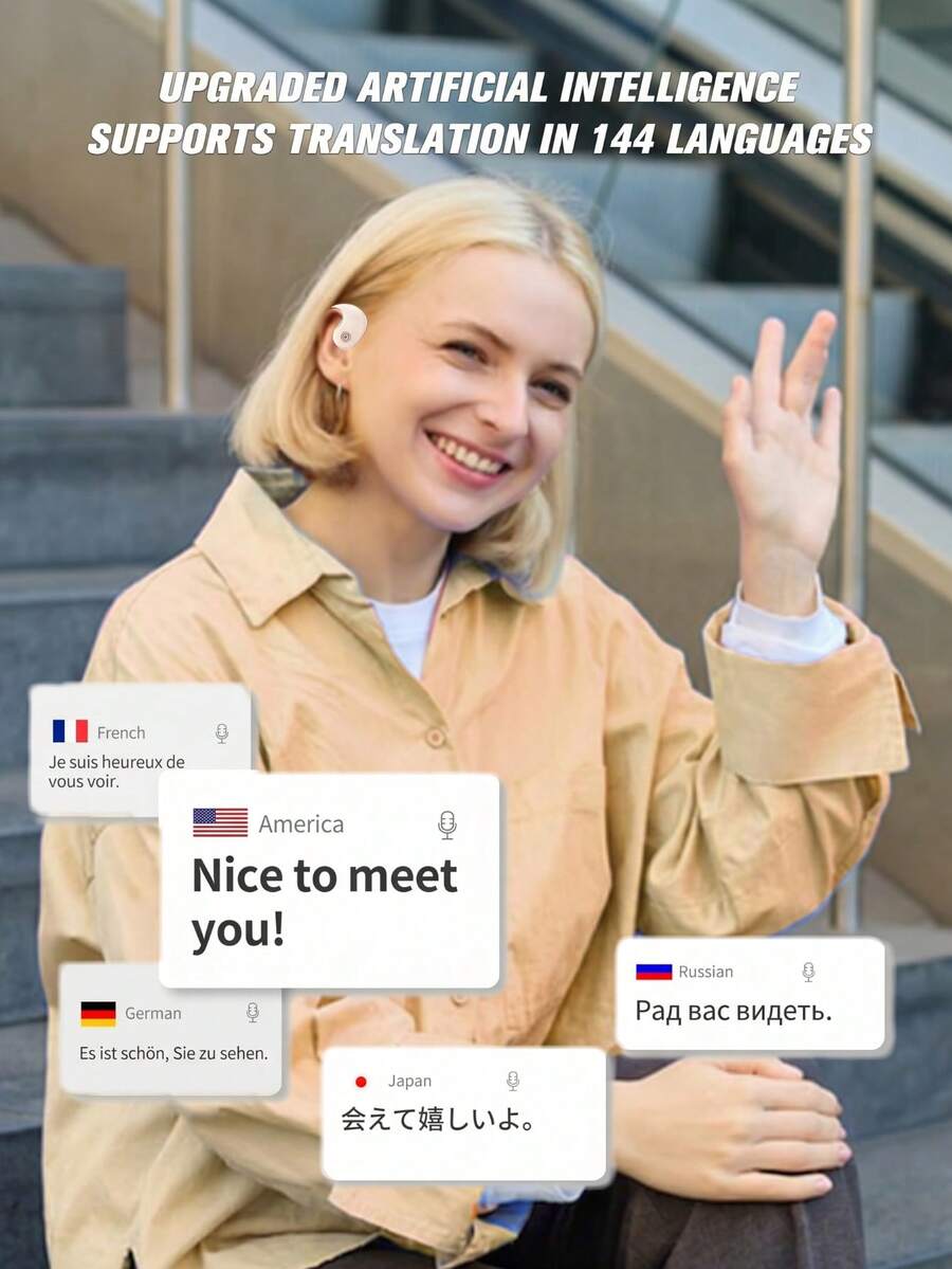 MiniSoo AI Translator Earbuds Real Time, 144 Languages Translation Headphones. If You're Looking For Some Open-Ear Headphones, This Is The Perfect Time To Buy Them. You Can Use Them For Up To 28 Hours With The Charging Case. - 米色 - 查看 1