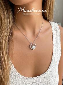 MOUSHEENIA 925 Sterling Silver Heart Pendant Necklace For Women - Genuine Moissanite Solitaire - Dainty Round Cut Diamond Simulant - Eternal Love Promise Jewelry - Gift For Her Anniversary Wedding Birthday - Pendant Necklace - View 2