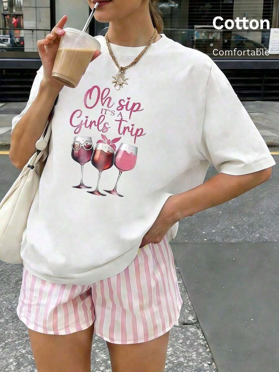 Camiseta para Mujer con Estampado Retro, Cuello Redondo, Manga Corta, Diseño Oversized, Ideal para Streetwear - Negro - Ver 1