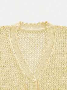Top de manga corta con escote en V de unicolor y recortes, shorts semitransparentes con cordón y recortes, conjunto de punto para vacaciones - Amarillo - Ver 5