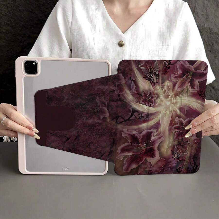 一款洋红色仙女花卉图案的360°旋转平板电脑保护套,带笔槽,兼容iPad 11(A16 2025),支持自动休眠/唤醒功能,也兼容小米5/5 Pro/6/6 Pro/7/7 Pro、华为MatePad和荣耀平板。 - 彩色 - 查看 1