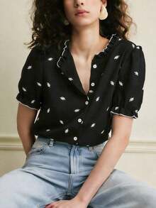 Camisa azul de mujer con cuello con volantes, mangas de pétalos y textura de tela suave, estilo francés casual de vacaciones, primavera/verano - Negro - Ver 5