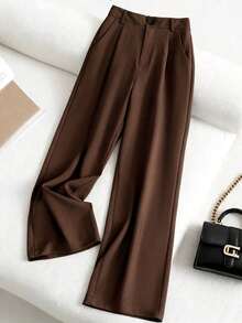 Pantalones casuales de mujer de unicolor con bolsillo oblicuo y pliegues - Café integral - Ver 6