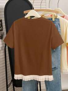Camiseta de manga corta con dobladillo con flecos, de corte holgado y casual para mujer, en color marrón y café, con estilo sencillo y elegante, adecuada para volver al colegio o el Día del Maestro - Café integral - Ver 2