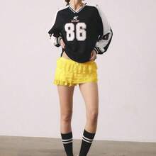 Summer Balletcore Sweet Bow Kawaii Mesh Contrast Lace Ruffle Trim Low Waist Yellow Mini Shorts - Amarillo - Ver 5