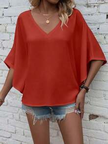 Camisa de manga de murciélago de unicolor casual, verano - Rojo - Ver 4