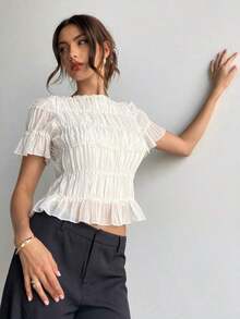 Blusa de mujer elegante de chifón y encaje con parches en color albaricoque - Albaricoque - Ver 4