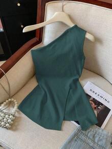 Top de tirantes con abertura en el hombro de unicolor casual, verano - Verde - Ver 7