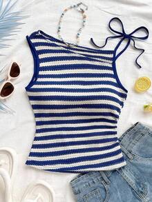 Parte superior ajustada de punto con cuello asimétrico a rayas rojas y blancas, adecuada para fiesta, Navidad, cita, playa, crucero, carnaval, parte superior de punto de tirantes a rayas de verano, parte superior de punto de verano para mujer, - Multicolor - Ver 5