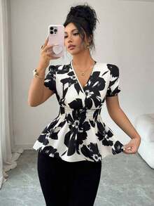 Blusa elegante y de moda con estampado floral y cuello en V con cintura ceñida para mujer - Multicolor - Ver 4