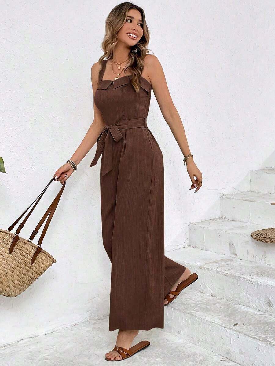 Mono holgado de unicolor y textura casual para mujer, de verano - Café integral - Ver 1