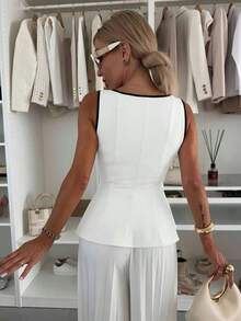 1 pieza Blusa de punto con volantes en el bajo, Uso casual de verano en color rosa - Blanco y Negro - Ver 4