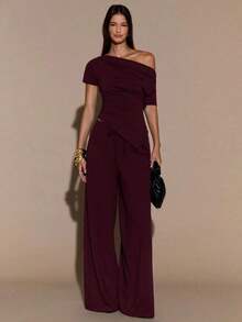 Conjunto de 2 piezas de top de manga corta y pantalones con cuello asimétrico sexy de color marrón sólido para mujer en otoño/invierno, Conjunto de 2 piezas de punto con forro térmico para mujer en otoño/invierno, Top asimétrico de punto básico para mujer - Granada - Ver 8