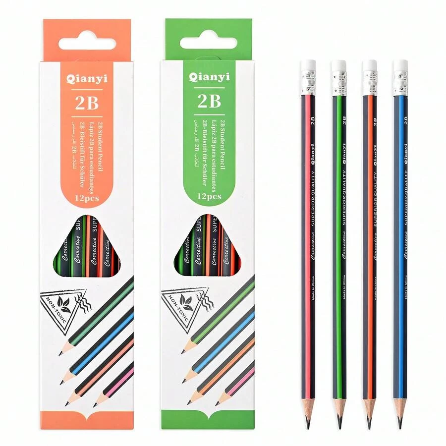 Bộ 12/24 bút chì 2B có tẩy, bút chì than chì lục giác sọc, bền và viết trơn tru, thích hợp cho học sinh và sử dụng văn phòng. - A - Xem 1