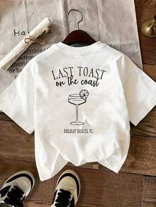 "Last Toast On The Coast" Women's Casual T-Shirt - Short Sleeve, Crew Neck, Pullover, White With Black Lettering And Graphics, Perfect For Spring/Summer/Autumn, Y2K Style - Black - View 10