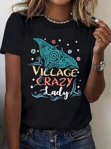Camiseta de mujer 100% algodón, negra, con estampado "Village Crazy Lady" - Manga corta, cuello redondo casual, tela de poliéster, corte regular, patrón geométrico y floral, lavable a máquina, cómoda para todas las estaciones, talla , ropa de verano. |   Diseño divertido |   Poliéster duradero para uso diario casual - Negro - Ver 1