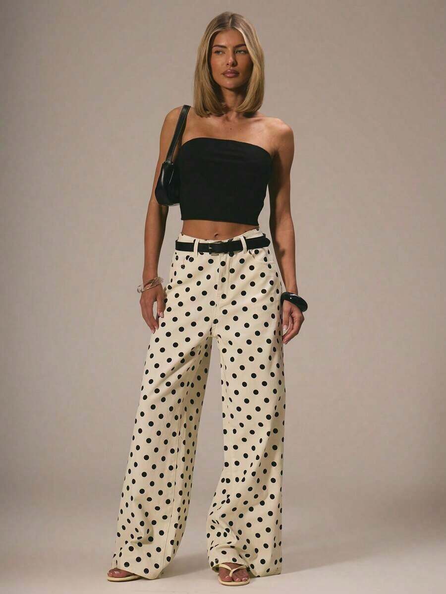 Vaqueros rectos de tiro medio, de estilo denim, con lunares, elegantes y casuales, ideales para primavera, verano, vacaciones en Ibiza, vuelta al colegio, oficina o fiestas - Beis - Ver 1