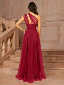 Vestido formal largo para dama de honor, invitada de boda, evento, verano, San Valentín, cumpleaños, con cuello cruzado asimétrico de un hombro, espalda descubierta, falda de tul en línea A, vestidos de mujer para otoño, regreso a clases, fiesta de bienvenida, cumpleaños, primavera elegante - Rojo - Ver 2