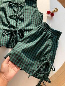 Set de 2 piezas de ropa de mujer con top tipo camiseta con cordones y shorts a cuadros, ideal para el Día de San Valentín - Multicolor - Ver 7