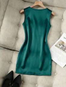 Vestido ajustado con cuello en V sin mangas, cintura fruncida e irregular, vestido de satén para mujer, vestido de primavera/verano para mujer, vestido elegante de fiesta para mujer, atuendo de vacaciones para mujer, atuendo del Día de San - Verde Oscuro - Ver 2