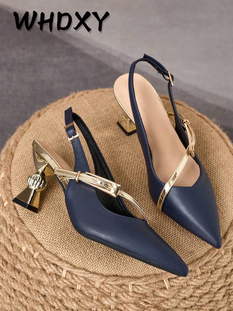WHDXY Navy Blue Pointed Toe Backless High Heel Shoes, Metal Buckle Asymmetric Heel Sandals, Suitable For Suits/Dresses Daily Wear - Navy Blue - View 1