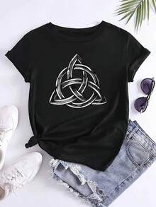 Camiseta de Mujer 100% Algodón con Estampado Temático Cristiano y Patrón Celta Tri-Twill, Cuello Redondo, para Primavera/Verano, Uso Diario Casual - Negro - Ver 1