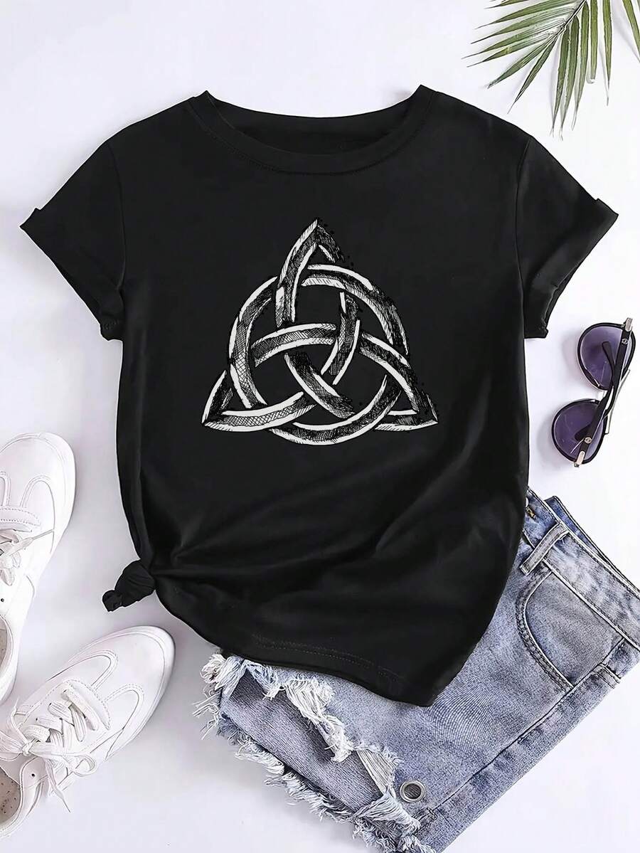 Camiseta de Mujer 100% Algodón con Estampado Temático Cristiano y Patrón Celta Tri-Twill, Cuello Redondo, para Primavera/Verano, Uso Diario Casual - Negro - Ver 1