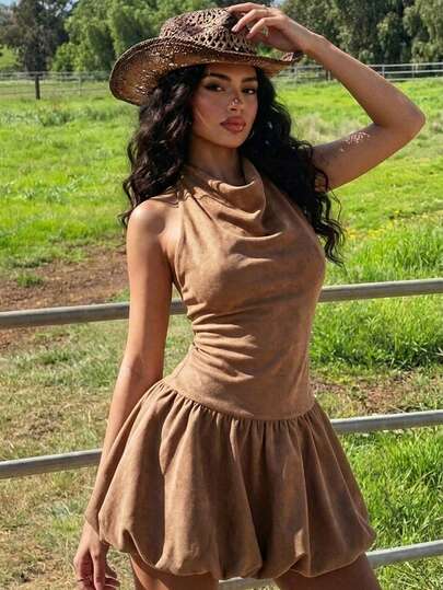 Perirose Women's Elegant Khaki Faux Suede Spaghetti Strap Ruffle Hem Mini Dress, Fashionable Western Cowgirl Style Outfit