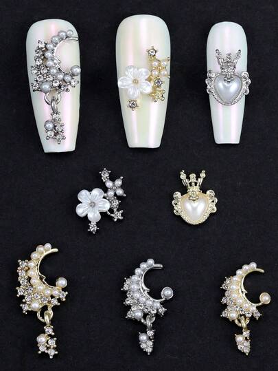 10pcs Y2K Style Nail Art Nail Charm Nail Accessories, Three-Dimensional Luxury Flowers, Crowns, Moon Shaped Heart-Shaped Accessories, Sparkling Nail Gems DIY Nail Decorations Suitable For Nail Salons, Bags, Clothes, Shoes, Phone Cases, As Well As Daily Life And Holiday Parties