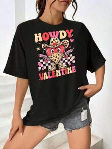 Women's Cotton T-Shirts Women's Cotton T-Shirts Howdy Valentine Women's T-Shirt - Cute Denim T-Shirt With Heart And Gun, Retro Style, Gift For Western Lovers, Unisex, For Valentine's Day Parties, Short Sleeve - 黑色 - 查看 7