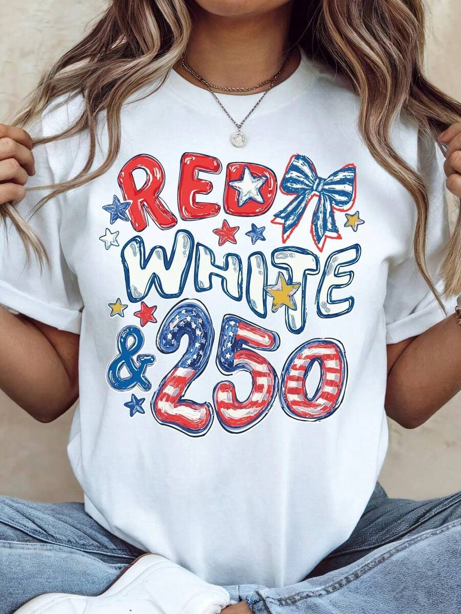 Camiseta roja, blanca y 250, camiseta del 250 aniversario de EE. UU., camiseta patriótica con lazo, camiseta americana, top para mujer del 4 de julio, camiseta del Día de la Independencia. Camiseta unisex de algodón puro de 220 g. Peso ideal para todas las estaciones, adecuada tanto para hombres como para mujeres. Tejido duradero de alta calidad, suave al tacto y de larga duración. Top transpirable. Adecuado para la primavera y el verano de la mujer, vacaciones, Día de la Madre, Día de la Independencia. - Blanco - Ver 1