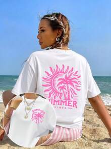 Versatile Summer Casual Sports T-Shirt For Women, With Palm And Sun Print, Sweet And Fresh Vintage Style, Ideal For Beach Vacations, Daily Wear At Home, Outings Or As A Fashionable Gift. - 白色 - 查看 12