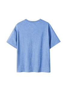 T-shirt à manches courtes coupe régulière, style INS "Summer" avec imprimé graphique de slogan palmier, bleu délavé acide vintage, top d'été décontracté en tissu épais lavé - Bleu ciel - Voir 7