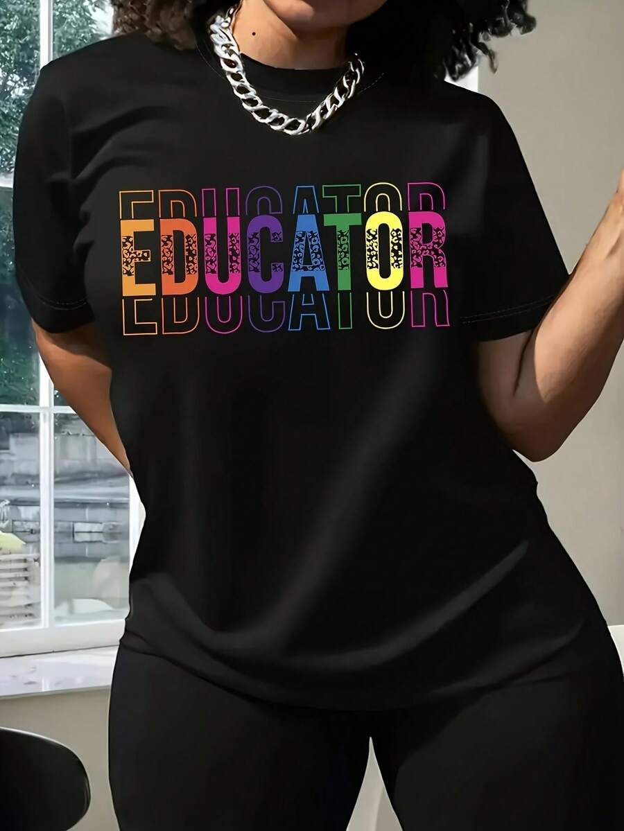 Talla Grande - Talla Extra Grande - Camiseta Casual de Mujer con Cuello Redondo y Estampado Educativo en Color Negro, con un diseño de texto colorido y brillante, adecuada para usar durante todo el año, fácil de limpiar, cómoda y con un diseño ajustado, ideal para uso diario y festivo en primavera, verano y otoño. - Negro - Ver 1