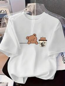 Women's T-Shirt: Fashionable Printed Short Sleeve T-Shirt For Ladies With Cute Bear And Milk Tea Cup Design, Round Neck, Casual, For All Seasons. - 白色 - 查看 1