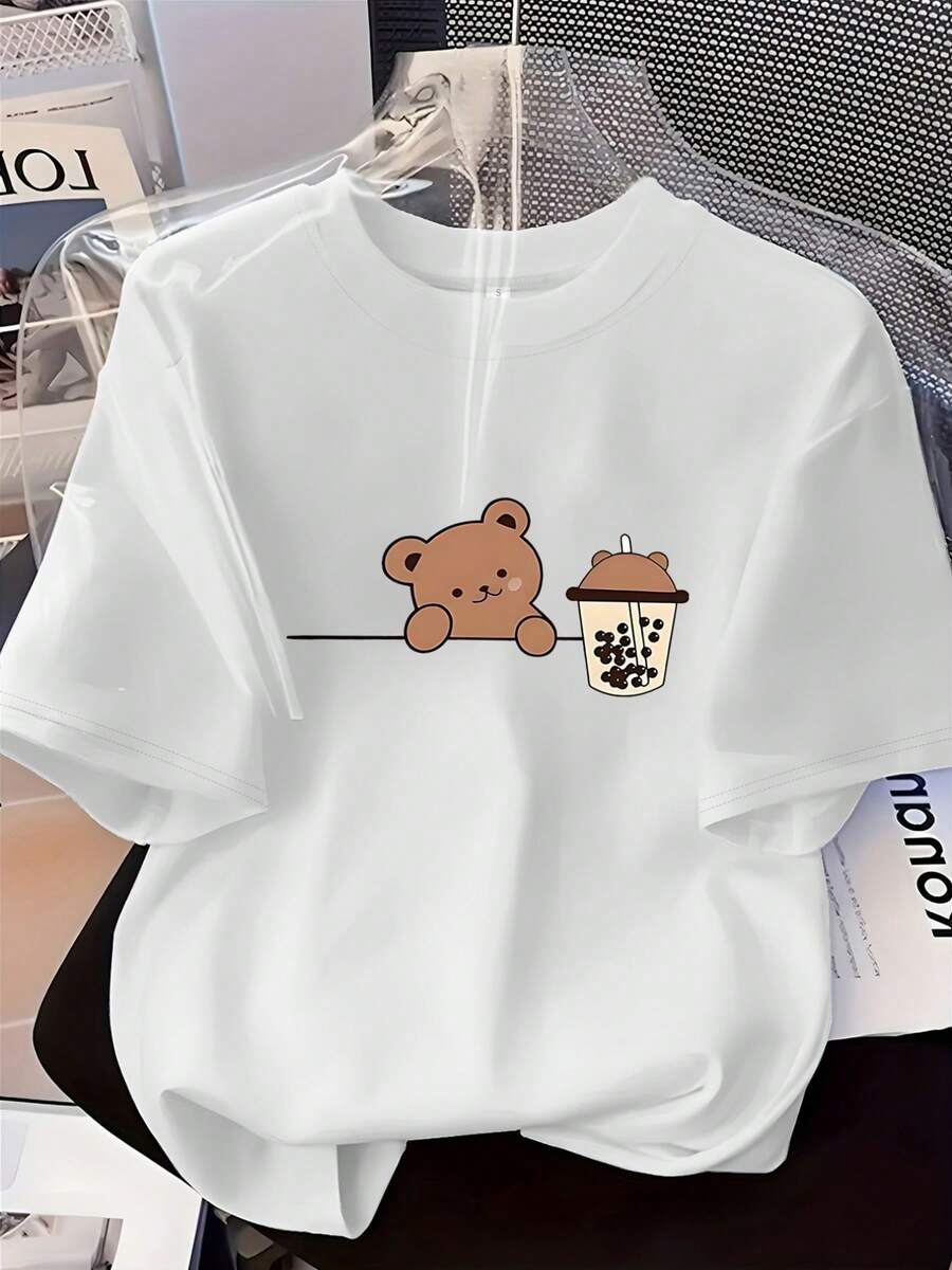 Women's T-Shirt: Fashionable Printed Short Sleeve T-Shirt For Ladies With Cute Bear And Milk Tea Cup Design, Round Neck, Casual, For All Seasons. - 白色 - 查看 1
