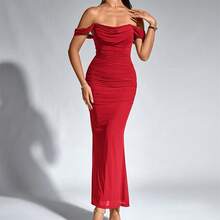 New Season Long Fitted Pleated Mesh Off Shoulder Dress - Red - View 3