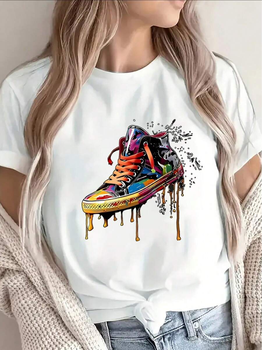 Soft 100% Cotton Short-Sleeve T-Shirt With A Colorful Sneaker Print. Perfect For Casual Wear At Home, The Office, Or Outings. Lightweight And Durable Design With A Vibrant, Artistic Graphic For Everyday Fashion. Breathable Cotton T-Shirt That Goes With Everything. - 白色 - 查看 1