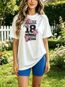 Camiseta suave 100% algodón, blanca, de corte holgado, con estampado floral de estilo universitario 18, ideal para atuendos casuales y actividades al aire libre. Camiseta de algodón transpirable, combina con todo. - Blanco - Ver 5