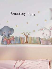 1pc Cartoon Cute Elephant & Rabbit Reading Time Wall Decal, Removable Wall Sticker For Bedroom, Living Room, Kids Room, School - 1PC - View 3