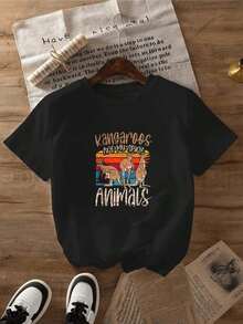 Minimalist Women's Round Neck T-Shirt With Kangaroo Print, Australian Animals, Retro Design For Summer Casual Urban Fashion For Women; Women's Simple Solid Color T-Shirt, Loose And Slim Fit Casual Short Sleeve - 黑色 - 查看 11