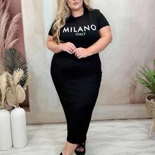Dollyholly86 Casual Minimalist "MILANO" Graphic Plus Size Slim Fit Round Neck Short Sleeve Mid-Length Dress, Suitable For Summer Suitable For Going Out, For Hourglass Body Shape - Negro - Ver 4