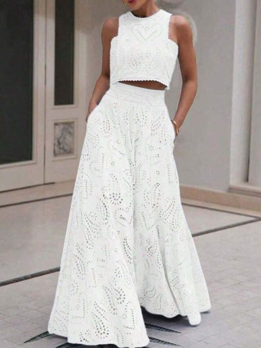 Dresses For WomenWomen 2 Piece Eyelet Skirt Set Sleeveless Hollow Lace Tank Top Maxi Skirt Fits Night Club Party DressLoose And Comfortablevestidos - 白色 - 查看 1