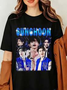 SUNGHOON ENHYPEN K-pop medlem T-shirt, Vintage 90-talsporträtt grafisk T-shirt, Estetisk Blue Lightning Idol fotomerchandise, ENGENE Fandom Streetwear Unisex svart bomull kortärmad topp, Sunghoon Retro 90-tal grafisk T-shirt - Koreansk musik fanmerchandise - Svart - Visa 6